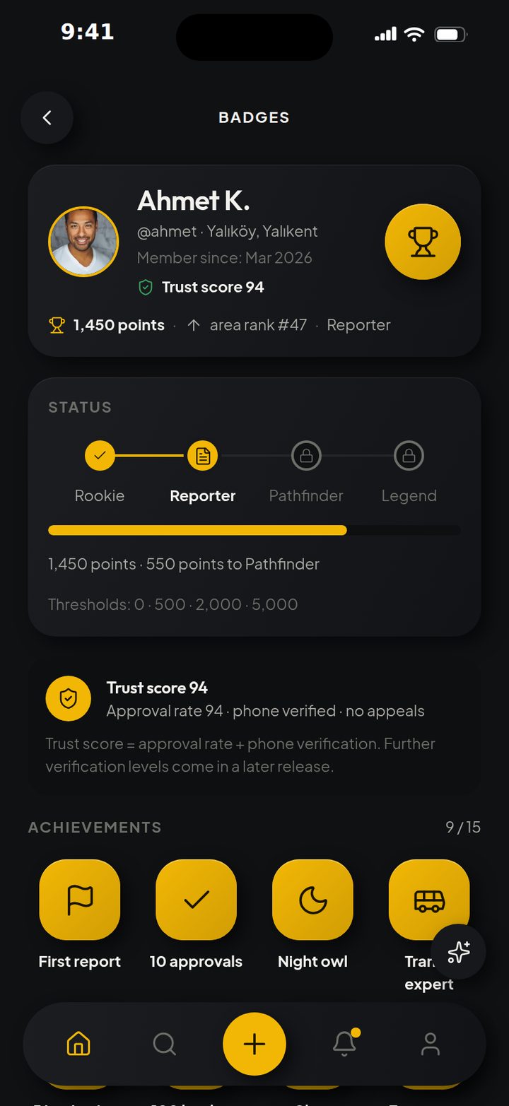 The profile status and badges screen