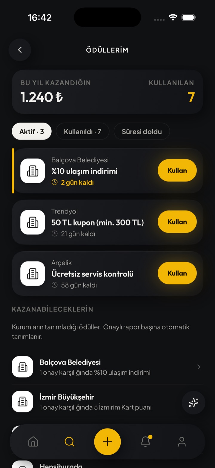 Puan ve ödüller ekranı