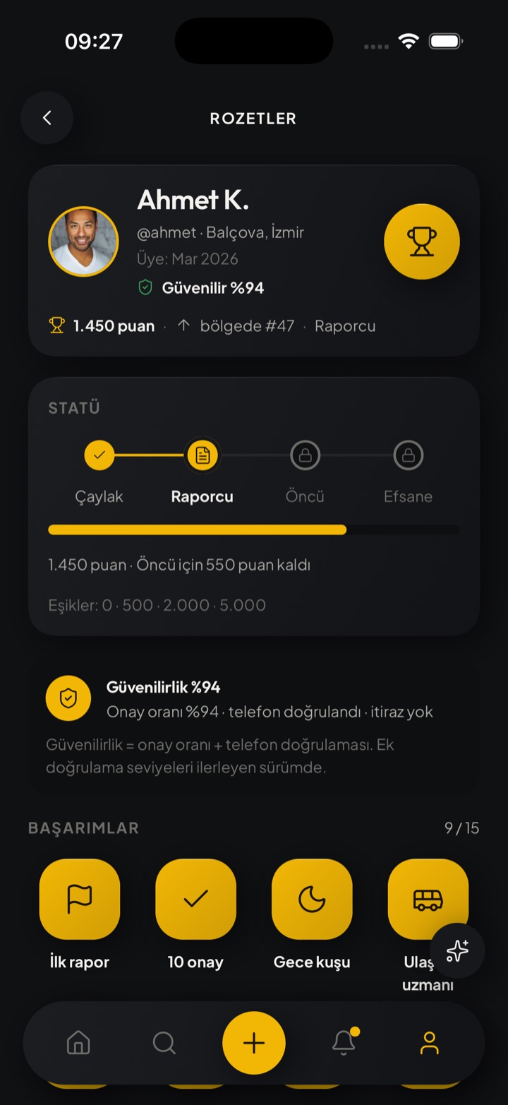 Profil statü ve rozet ekranı